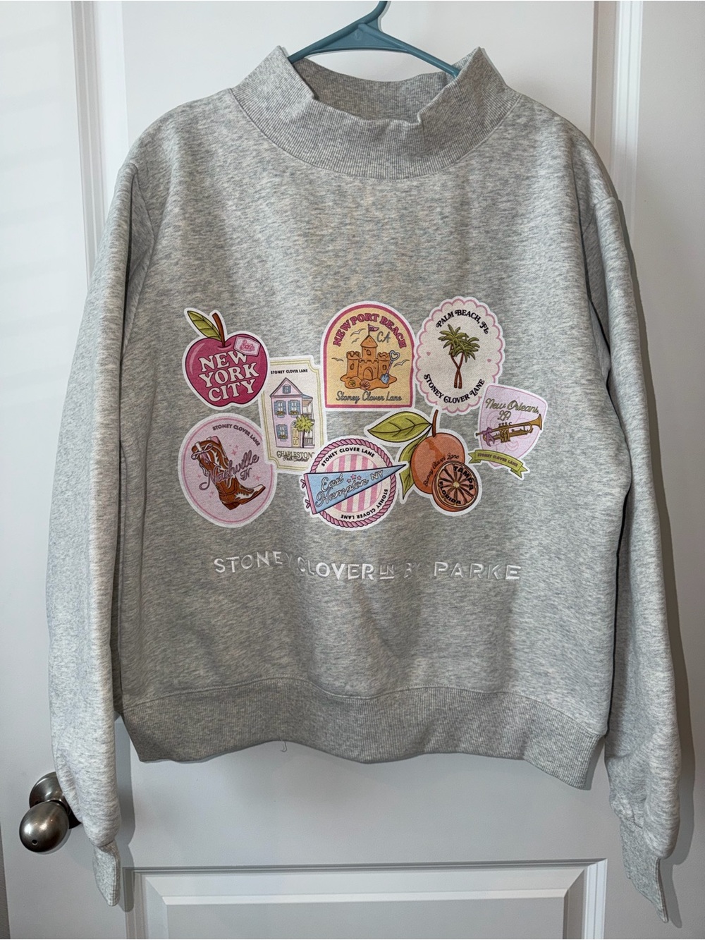 Authentic Parke x Stoney Clover Lane Sweatshirt Postage Patch Grey Mock Neck S L - Picture 3 of 11